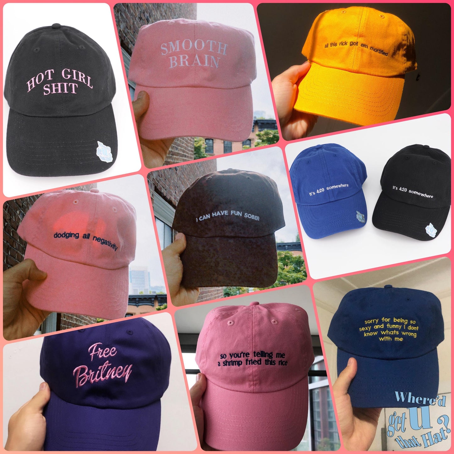 a collage of different hats with words on them