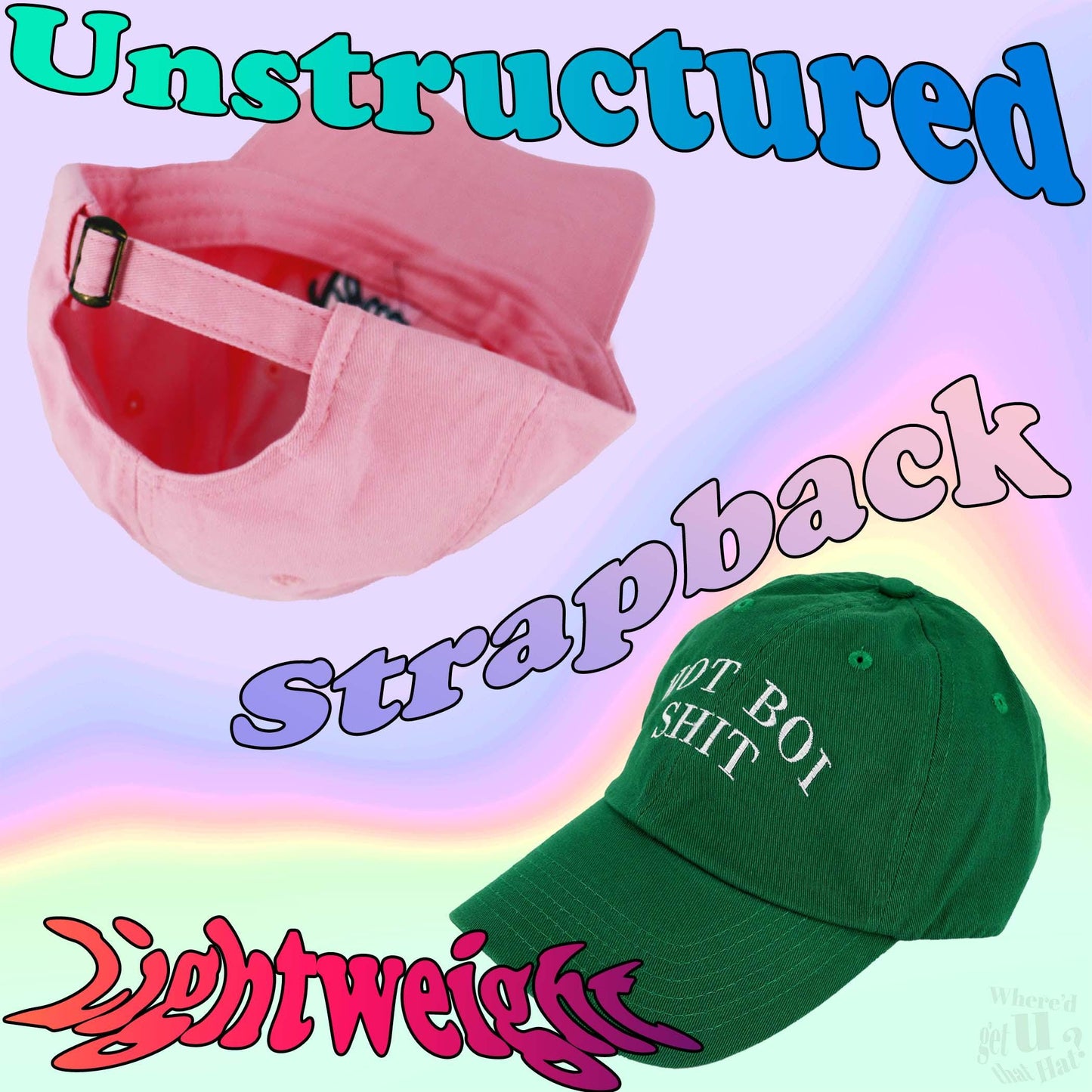 a pink hat and a green hat with the words unstructed on it