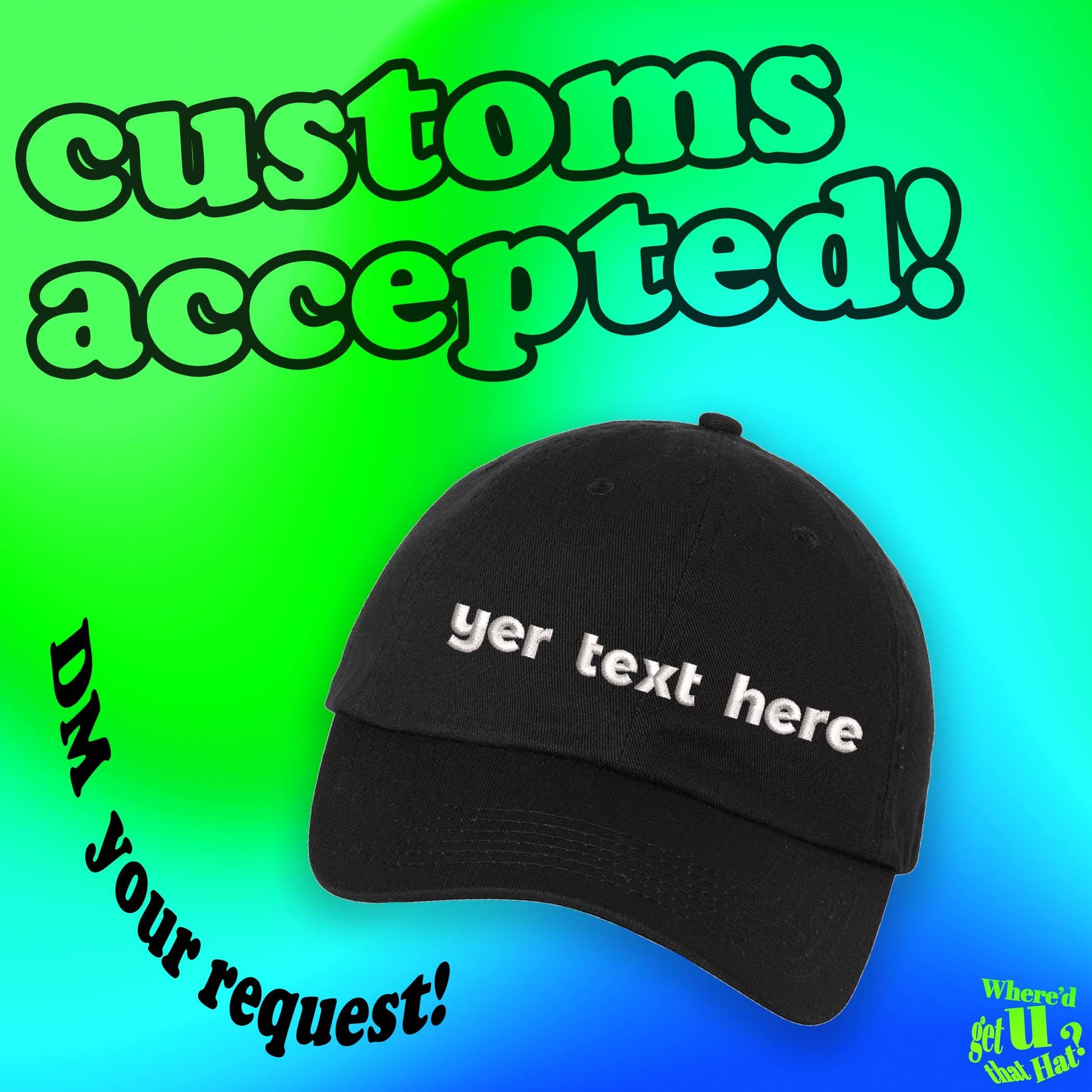 a black hat with a custom text on it