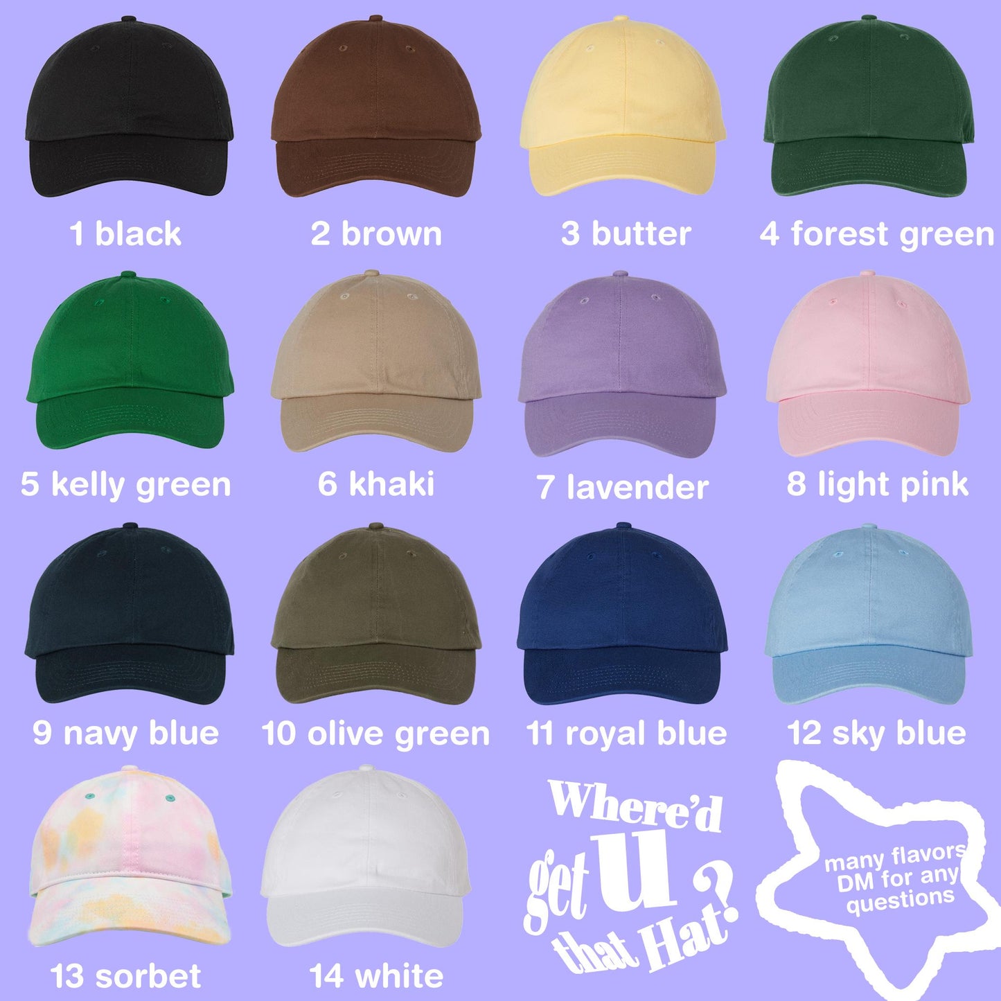 a bunch of different colors of hats on a purple background