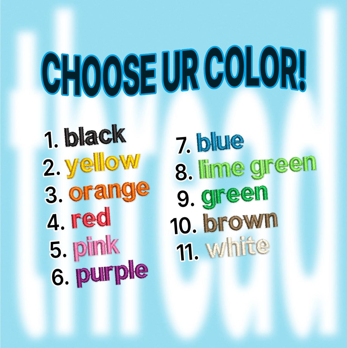 The image is a collage of various colored objects, including black, yellow, orange, red, pink, white, and purple. The text "CHOOSE UR COLOR!" is displayed prominently at the top, inviting the viewer to select their preferred color.
