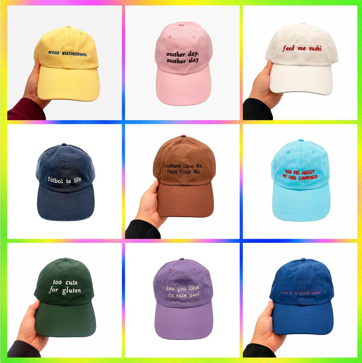 nine different hats, each with a unique message written on it. The hats are arranged in a 3x3 grid, with each row containing one hat and each column containing one hat. The messages on the hats are diverse and creative, ranging from humorous to thought-provoking.