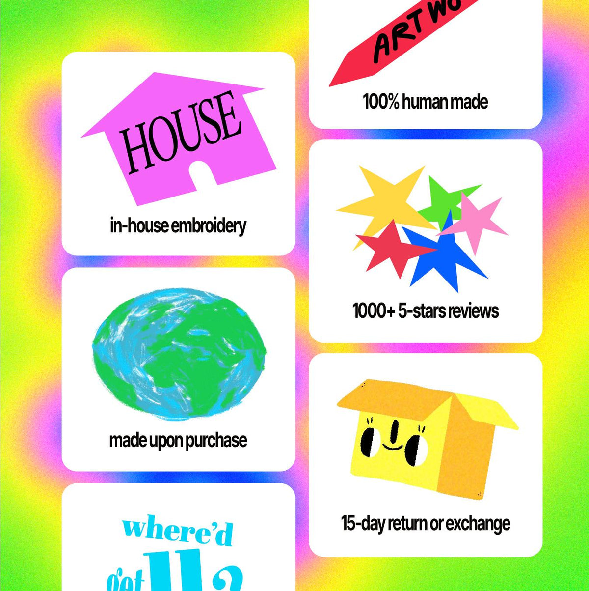 a collage of six different images, each with a unique design and description. The images include a house, a globe, a box, a smiley face, a star, and a text box.