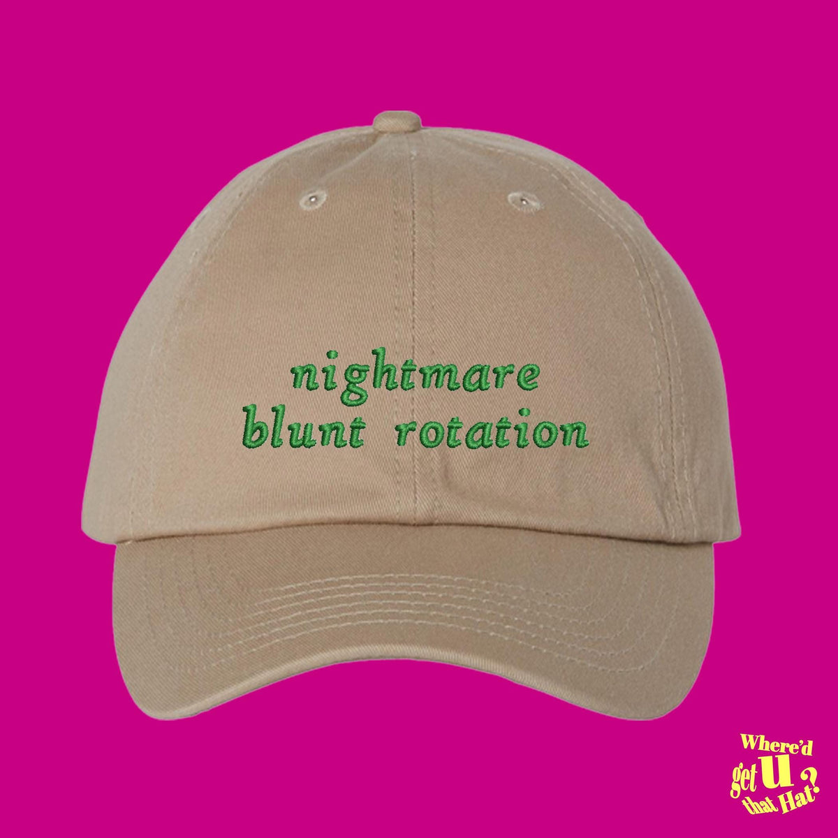 A beige baseball cap with the text "nightmare blunt rotation" printed on it, against a pink background.