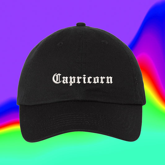 Capricorn Hat Old English | Best Friend Zodiac Astrology Horoscope Gift | Custom Color Adjustable Embroidered Dad Hat