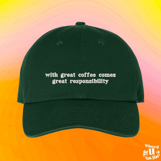 With Great Coffee Hat | Coffee Lovers Gift | Coffee Clothes | Cup of Joe Hat | Coffee Addict | Custom Color Adjustable Embroidered Dad Hat