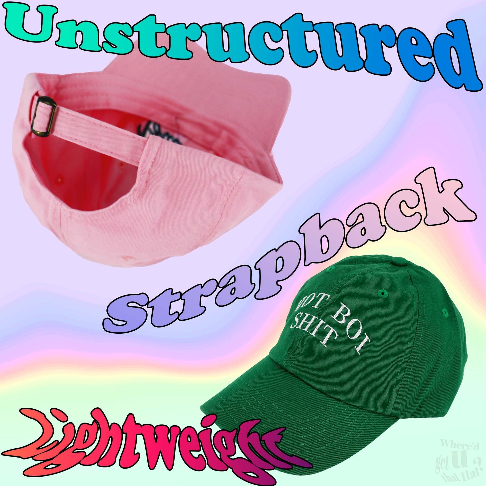 a pink hat and a green hat with the words unstructed on it